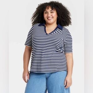 NEW Ava & Viv Striped V-Neck Polo Shirt Ribbed Top Plus Size XXL Navy Stripe